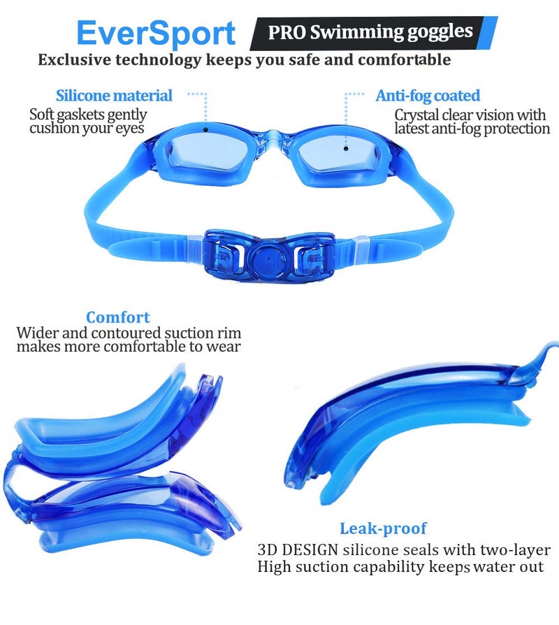 EverSport Kids Swim Goggles, Pack of 2 Swimming Goggles for Children Teens, Anti-Fog Anti-UV Youth Swim Glasses Leak Proof for Age4-16, Mirrored Blue & Black, Portable - Image 5